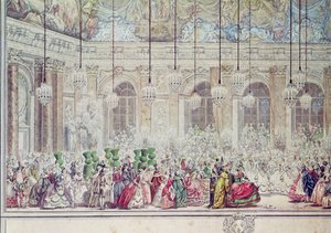 Maskeringsbalen på Galerie des Glaces i samband med dauphinens bröllop med Marie-Therese, 17 februari 1745 (penna och bläck och wc på papper) (detalj)